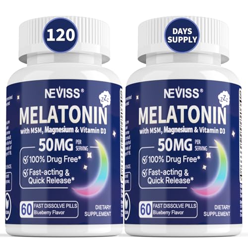 NEVISS Melatonin 50 mg for Adults - Extra Strength 9-in-1 Fast Dissolve Sublingual - High Dose with Magnesium Glycinate Vitamin D3 Ashwagandha Lemon Balm Chamomile Sugar Free Vegan 120 Tablets