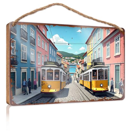 Letrero de madera con texto en inglés 'Sayings On Wooded', escena callejera colorida con tranvías vintage en Portugal, decoración colgante de madera, decoración del hogar, tienda (23 x 35 cm)