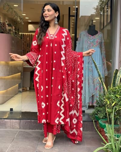 Lookmark Women's Cotton Blend Zigzag And Dotted Print Kurta Plazzo Set With Dupatta Suitable For Every Indian Occasion (Az-Lm-Og-Ks2174 Red-L)