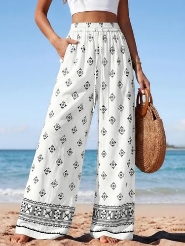Image of PRETTYGARDEN Womens Pants Elastic Waist Floral Lightweight Palazzo Pants for Women Casual Lounge Wide Leg Pants Woman