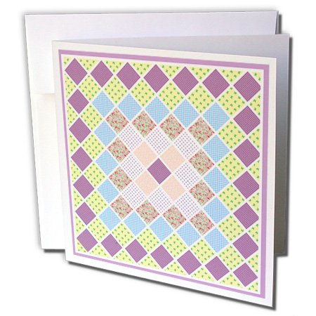 3dRose gc_113920_2 6 x 6-Inch "Pretty Pink, Lavender, Yellow and Blue Quilt Square Design" Greeting Card (Set of 12)