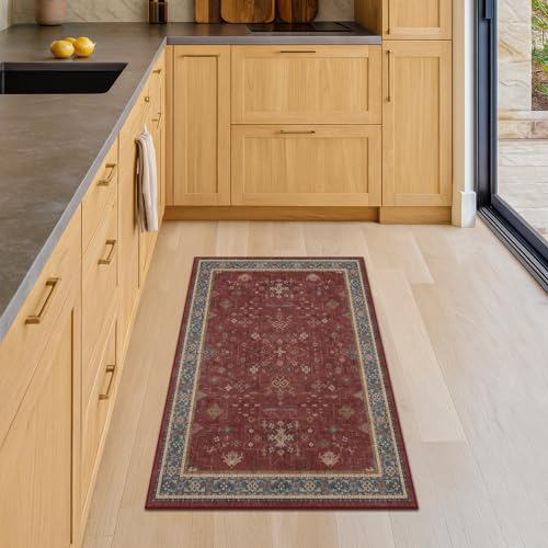 Image of Burgundy 2x3 Washable Rugs for Entryway Indoor, Boho Kitchen Rug for Floor, Bathroom, Doormat Indoor Entrance, Waterproof Non Slip Low Pile Stain & Fade Resistant, Modern Eclectic Floral Decor