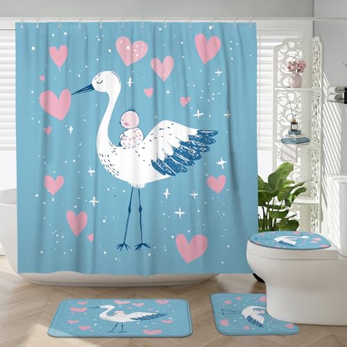 DESIHOM 4PCS Cute Cartoon Storks Shower Curtain Sets with Non-Slip Rug, U Shape and Toilet Lid Cover Mat, Funny Heart Kid Home Decor, Bathroom Accessory with 12 Hooks