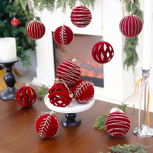 Image of 4inch Velvet Ornaments for Christmas Tree, 9PCS Glitter Flocked Christmas Ornaments Decorations Balls Set Decor Red