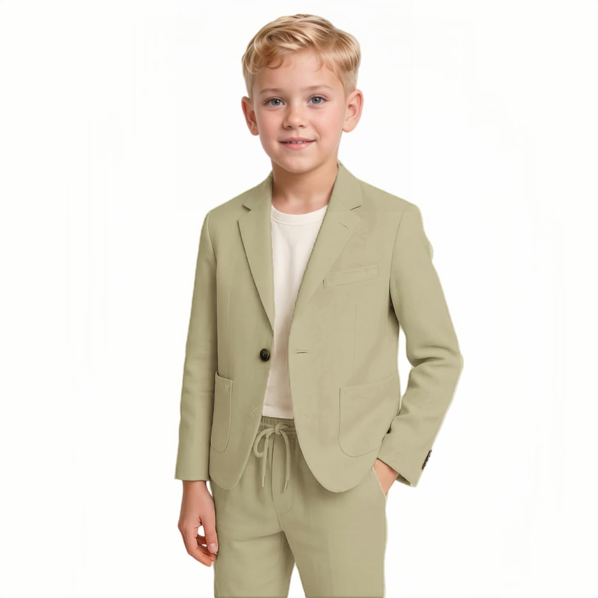 Khaki Boys Linen Suit Set First Communion Christening Outfit for Toddler Kids Slim Fit Jacket Pants Formal Wear