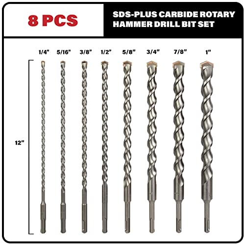 Sabre Tools 8-Piece 12In Sds Plus Drill Bits For Brick, Stone, Concrete, 1/4In X 12In, 5/16In X 12In, 3/8In X 12In, 1/2In X 12In, 5/8In X 12In, 3/4In X 12In, 7/8In X 12In, 1In X 12In (12" 8-Piece Set) #TOP1