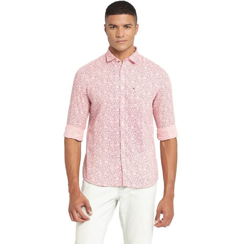 Image of Turtle Men Pink Cotton Linen Printed Slim Fit Casual Shirts