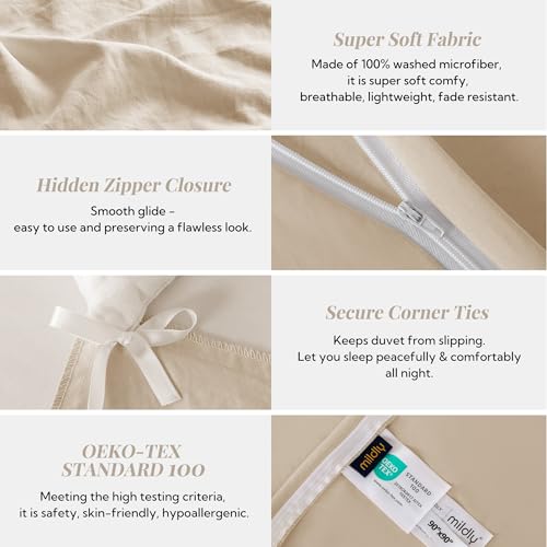 Image of MILDLY Duvet Cover 120 inchx98 inch Ultra Soft Comforter Cover Set 3pcs, Khaki | Washed Microfiber Cotton-Like, Breathable Comfort, Hidden Zipper, Corner Ties, OEKO-TEX Certified, Fade Resistant