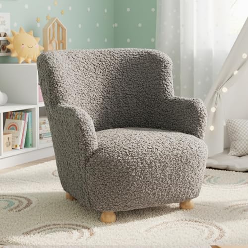 Image of KOTEK Comfy Toddler Chair, Sherpa Kids Armchair with Rubber Wood Legs, Children Reading Chair for Boys & Girls, Upholstered Kids Sofa for Playroom Bedroom Nursery (Grey)