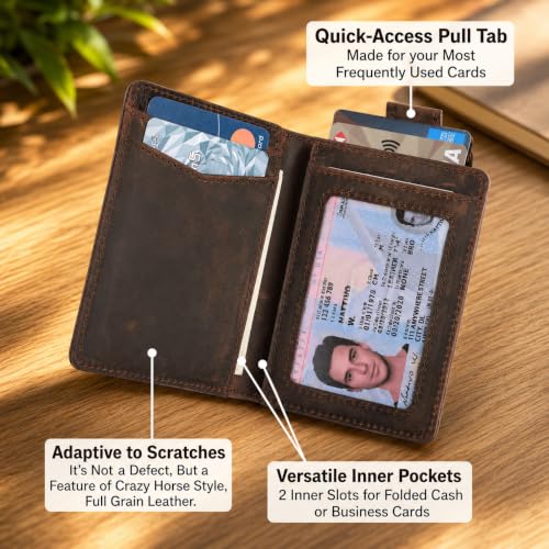 Image of Slim Credit Card Holder Wallet for Men & Women - RFID Blocking Minimalist Mens Wallets - Thin Bifold Leather Front Pocket Card Case with Gift Box, Dark Brown, Minimalist