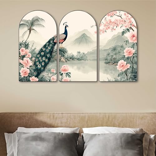 Image of Livin'luxe Peacock Wall Art | Set of 3 MDF Panel Paintings | Scenic Mountain & Floral Theme Decorative Wall Hanging for Living Room, Bedroom, Office & Home Interiors (20 x 30 Inch) RPNS-09