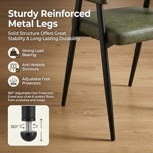 Image of HNY Modern Dining Room Arm Chairs Set of 2, Green Retro Faux Leather Upholstered Barrel Dining Chairs with Arms Mid-Century Accent Chair with Metal Legs, Open-Back Kitchen Side Chairs for Living Room