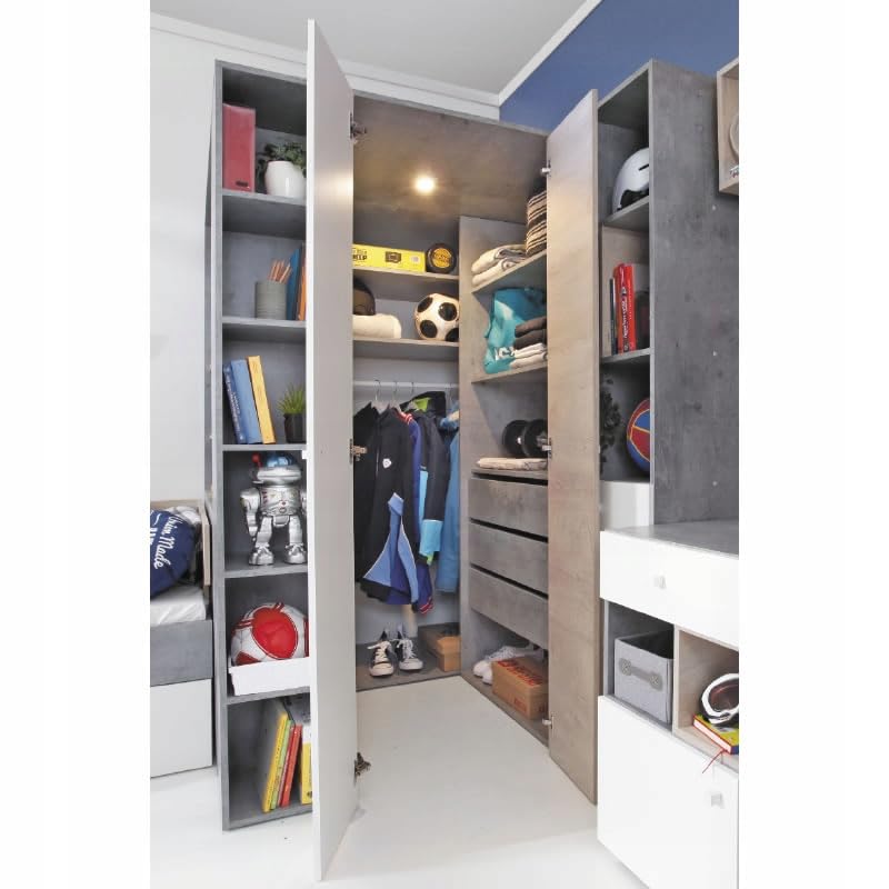 Generisch Begehbarer Schrank SISI SI01 Eckkleiderschrank Kleiderschrank Jugendzimmer (R/L) (Weiss LUX/Beton)