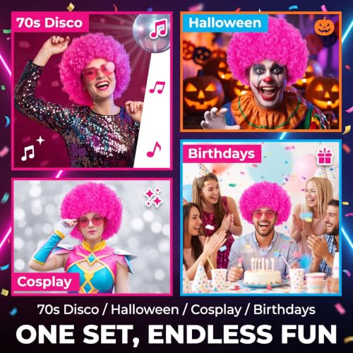 Image of FREE BEAUTY Hot Pink Afro Wig with Heart Sunglasses for Women Men, Colored Short Fluffy Curly Funny Party Afro Wigs 70s 80s Disco Hair for Disco Halloween Cosplay Costume Party Music Festival