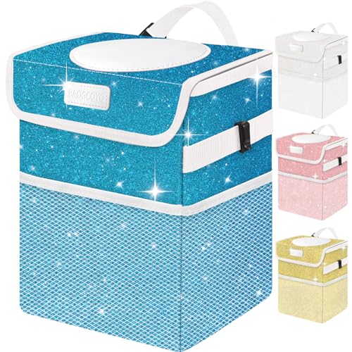 Image of Car Trash Can for Car, Cute Mini Car Trash Bag with Lid, Glitter Car Garbage Can Bin Hanging for Back /Front Seat /Console, Waterproof, Leakproof, 2.5 Gallon, Blue Bling Sparkly
