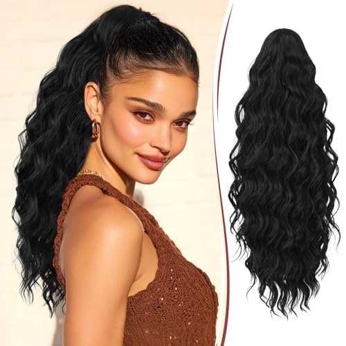RUWISS Coleta Postiza Pelo Natural con Pinza, Cola Postiza Rizado Ondulado 50 cm Larga Sintética Cola Caballo Extension Coleta Postizas Afro para Mujeres, Negro Natural