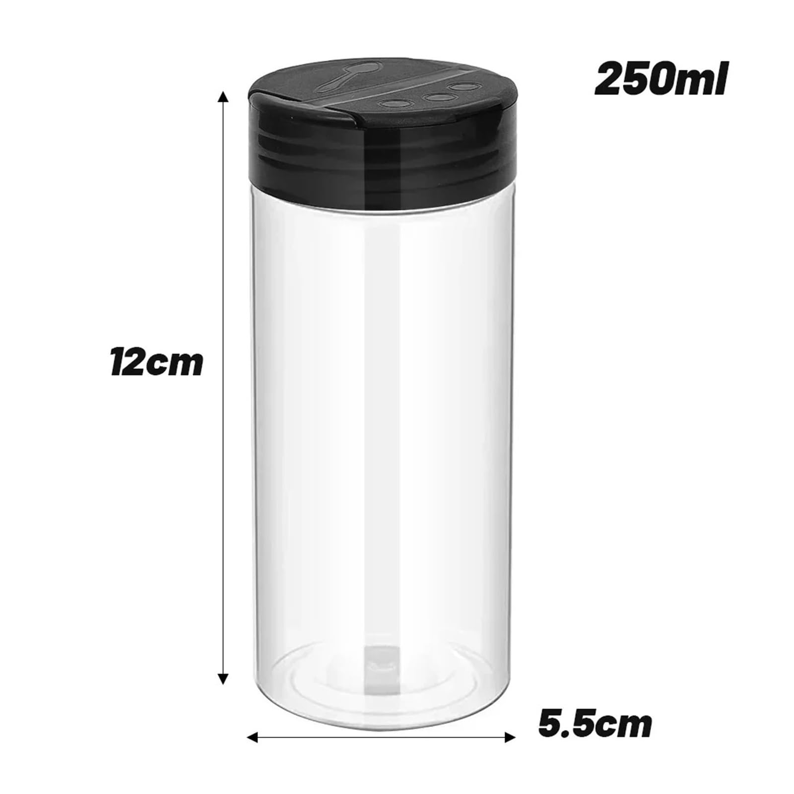 Barattoli spezie trasparenti, bottiglie in plastica con coperchi spargitori | 100ml 120ml 200ml 250ml 300ml, diametro 5.5cm per polvere da condimento(250ML,E)