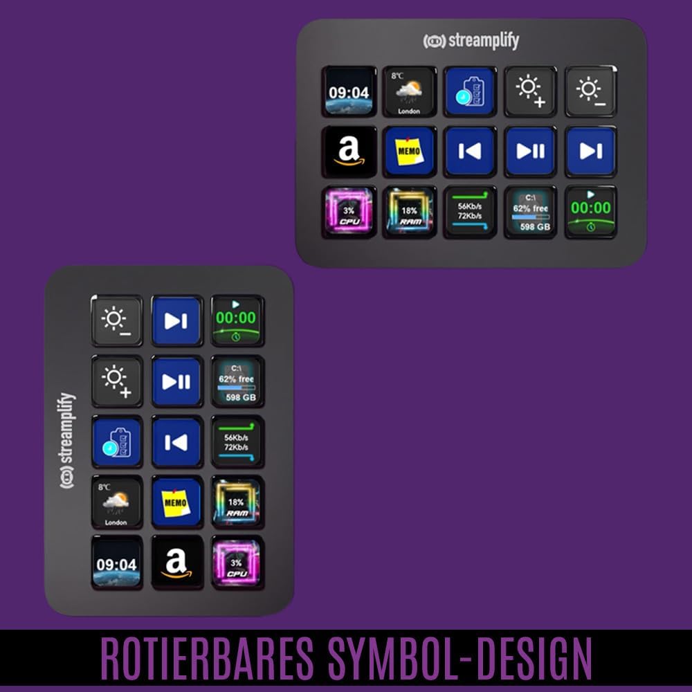 Streaming Deck ONE, 15 anpassbare LCD-Tasten, integrierter USB-Hub, klappbarer Ständer mit 3 Winkelstufen, rutschfeste Füße, kompatibel mit Windows und Mac OS