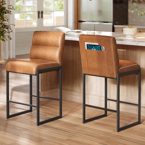 VASAGLE EKHO Collection - Bar Stools Set of 2, Counter Height Stools with Backs, 26.4-Inch Barstools Chairs, Synthetic Leather with Stitching, Mid-Century Modern, Dining Kitchen Island, Caramel Brown