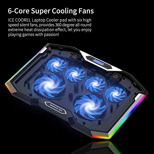 Image of ICE COOREL Gaming Laptop Cooling Pad 15-17.3 Inch, Laptop Fan with 6 RGB Cooling Fans, Laptop Cooling Stand with 6 Height Adjustable, Laptop Cooler with LCD Screen, 2 USB Ports, Phone Stand