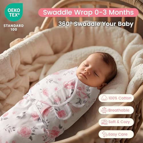 Image of david's kids 100% Cotton 3 Pack Baby Swaddle Wrap for 0-3 Months, Soft Breathable Swaddle Blanket for Newborn Infant, Adjustable Baby Wrap Sleep Sacks for Girls, Newborn Essentials, Pink Floral