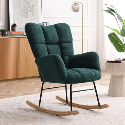 ZJMTOCYU Teddy Upholstered Glider Rocker Armchair with High Backrest, Padded Seat for Living Room Bedroom Office, Comfortable Design in Green