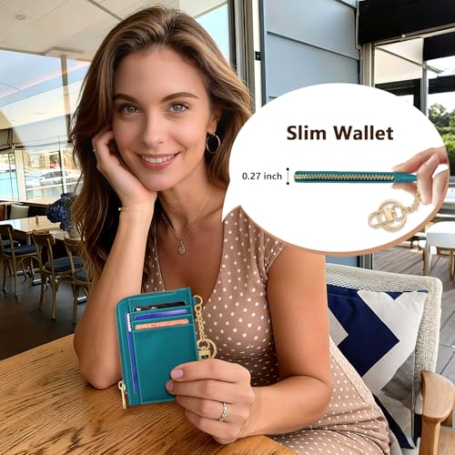 Image of GIANCOMICS Slim Wallet Credit Card Holder Women, Peacock Blue Rfid Blocking Small Card Case, Keychain Thin Pocket Curved Zipper Wallet, Travel Card Holder PU Leather ID Window, Ladies Female Gifts