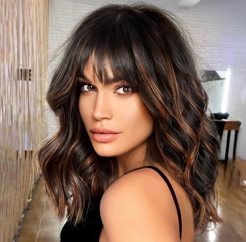 Nnzes Black Mixed Brown Wigs for Black Women Short Curly Wig with Bangs