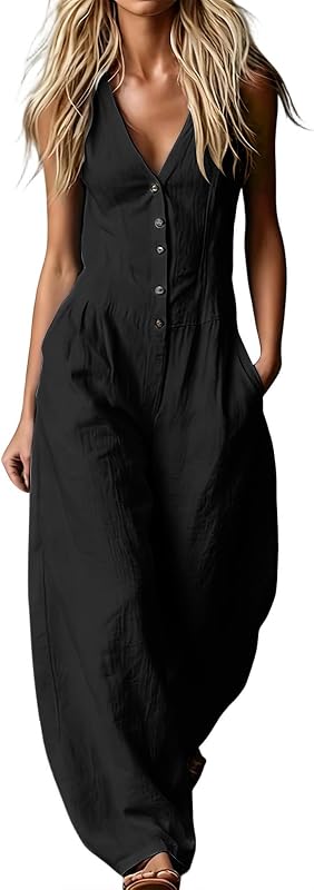 Women's V Neck Button Down Jumpsuit Wide Leg Casual Romper