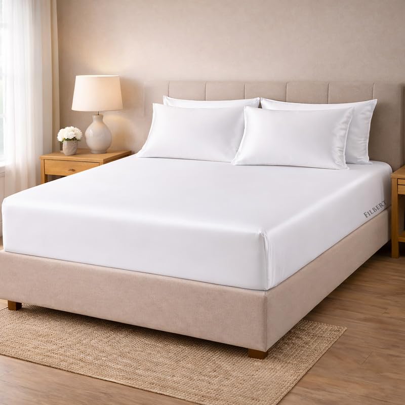 Image of Filbert - Premium Satin Fitted Bedsheet Single Bed (36x75 Inch) with 1 Pillow Cover | Hypoallergenic Breathable | Hair and Skin Friendly, Women Gift Choice|White