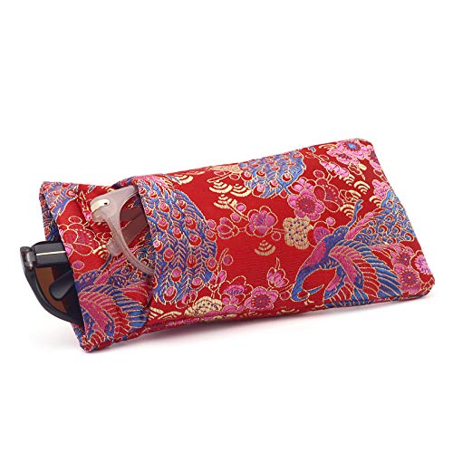 Face Shadow Double Glasses Case Soft Eyeglass Case For Women Men Squeeze Top Sunglasses Case With Cleaning Cloth - Embroidered Red