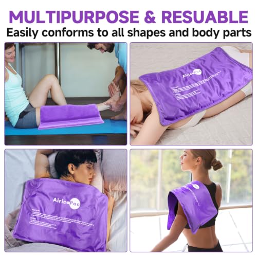 Image of AiricePac Extra Large Gel Flexible Back Ice Packs for Injuries Reusable, 11 inchx 20 inch Cold Compress Therapy Wrap for Knee Leg Neck Shoulder Hip Back Pain Relief, Swelling, Bruises, Surgery, Purple