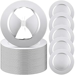 Zhehao 100 Pcs Charger Plates Bulk 13 Inch Round Wedding Chargers Plastic Plate Chargers Dinner Charger Plates for Wedding Party Baby Shower Table Setting Event Decoration(Silver)