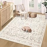 Rugs for Living Room 4x6 Rug, Washable Floral Boho Area Rug Non Slip Soft Low Pile Small Carpet for Bedroom Girls, Bedside, Kitchen, Entryway, Kids Room, Office, College Dorm(4'x6', Floral Beige)