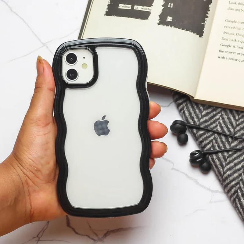 Image of ZR021 for iPhone 12 Back Case Cover | Wavy Border Transparent | Slim Fit | Camera Protection | Shockproof TPU Case - Black