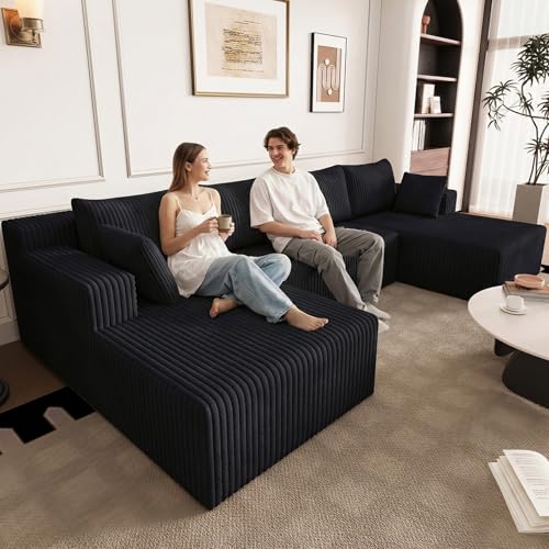 Image of 124 inch U-Shape Cloud Couch, Modern Modular Sectional U-Shape Sofa, Corduroy Boneless Couch Upholstered Couches Deep Seat Sleeper Chaise Longue for Living Room, No Assembly Required, Black