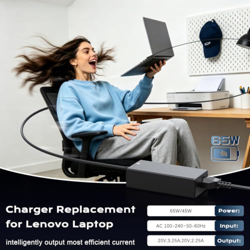 Image of SLE-TECH 65W Laptop Charger for Lenovo IdeaPad Yoga Flex 4.0x1.7mm Tip Cord | Compatible with Lenovo IdeaPad 1 /1i /3 /3i /5 /5i, 110 /110S /310 /320 /330 /330S /510 /520 /530S /710S; 20V 3.25A with Power Cord(Oblong)