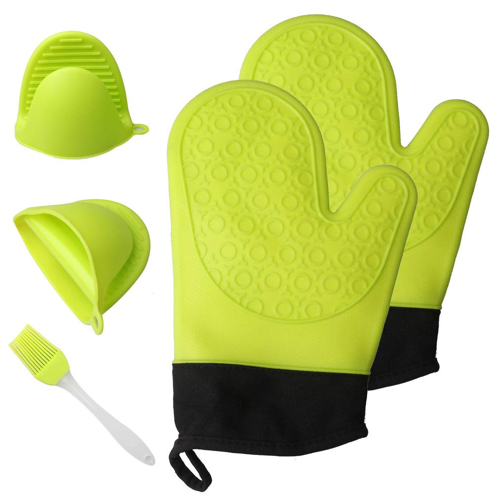 kuou Oven Gloves, Heat Resistant Silicone Oven Mitts Kit with 1 Pairs Silicone Pot Holders and 1 Silicone Brush for Grilling, Cooking, Baking, Barbecue Potholder (Green)