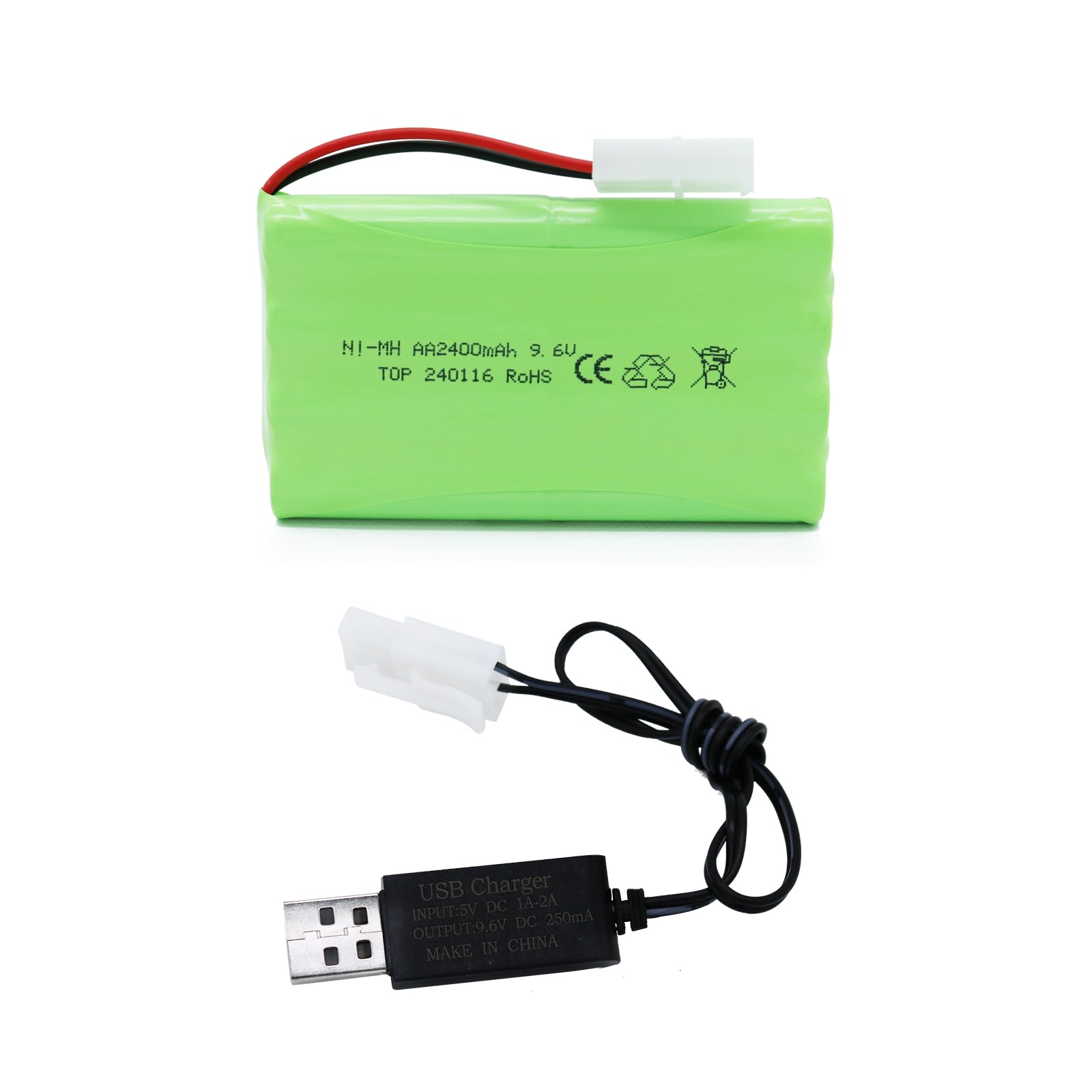 9.6V 2400mAh NiMH Battery - RC Car Rechargeable Battery AA with Tamiya KET-2P Plug and USB Charge Cable for RC Car Spare Part RC Tank Boat Batteries