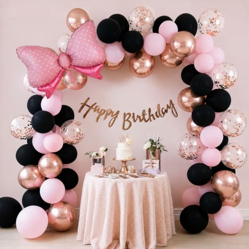 Image of Special You Black Pink Rosegold Birthday Decoration Kit with Bow Theme | Birthday Decoration Items for Girls | Balloon Garland with Chrome & Confetti Balloons, Banner | Party Decor Set