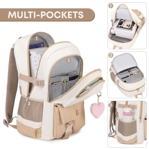 School Backpack For Student Women College Middle High Teen Girls Bookbag Waterproof Laptop Bag Beige Khaki4