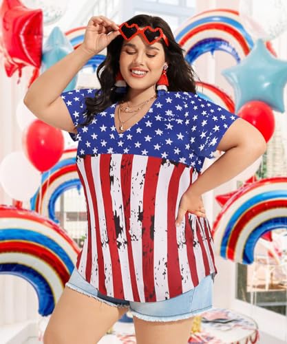 Image of CARCOS Womens Plus Size Tops Short Sleeve Shirts V Neck Tunic Floral /Tie Dye /Solid Summer Tees XL-5X