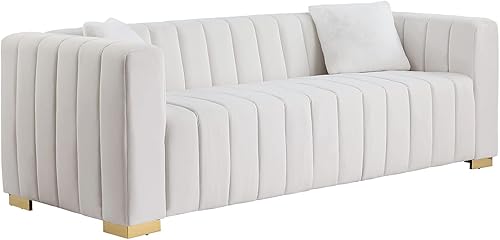 Miniatura 5 de KIVENJAJA Sofá de 3 plazas de terciopelo capitonado con canal con 2 almohadas, brazos cuadrados y patas de metal dorado para sala de estar,