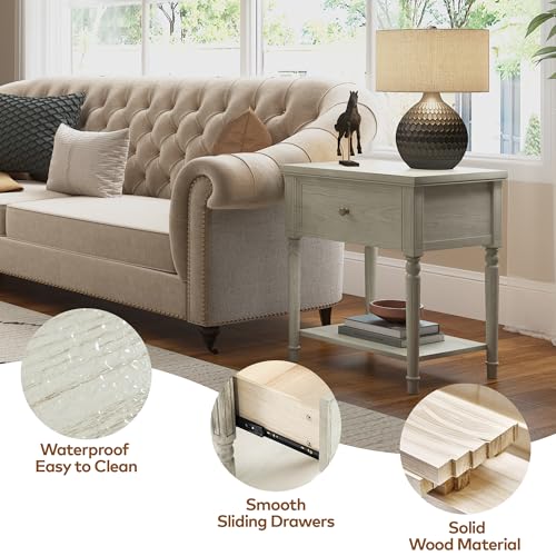 Image of Chogori Solid Wood Nightstands Set of 2 with Drawer, Farmhouse End Table Sofa Side Table with Storage Shelves, Real Wood Beside Table Accent Table for Small Spaces, Living Room, Easy Assembly (Gray)