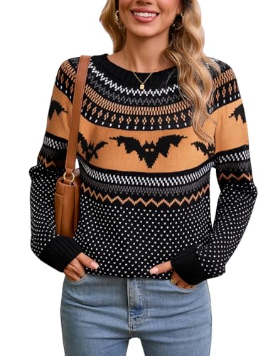 Women's Vintage Fair Isle Pullover Sweater Casual Fit Dressy Crewneck Long Sleeve Lightweight Knit Tops