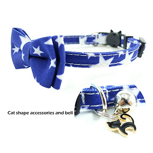Image of Bow Tie Kitten Collar with Bell and Accessories, Printing Breakaway Cat Collar for Kitty 10 Colors Adjustable 7.5-11in (Blue Star)