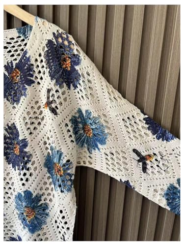 GORGLITTER Women's Hollow Out Floral Crochet Sweater V Neck 3/4 Sleeve Boho Knitwear Tops3