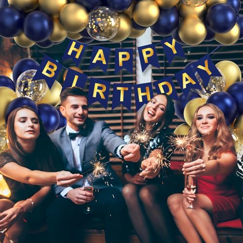 Image of Navy Blue Birthday Party Decorations for Men Decor 100pcs Gold and Navy Blue Balloons Garland Arch Kit Pre-Strung Happy Birthday Banner Girls 16th 18th 30th 40th 50th 60th 70th 80th 90th for Boys