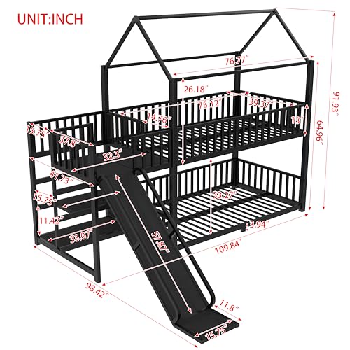Image of Bellemave Metal Bunk beds Twin Over Twin with Slide and Storage Stairs, House Floor bunk Bed with guardrail for Kids,Black