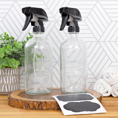 Cornucopia 16oz Clear Glass Spray Bottles w/Chalk Labels (2 Pack); Boston Round Bottles with 3-Setting Adjustable Heavy Duty Sprayers2